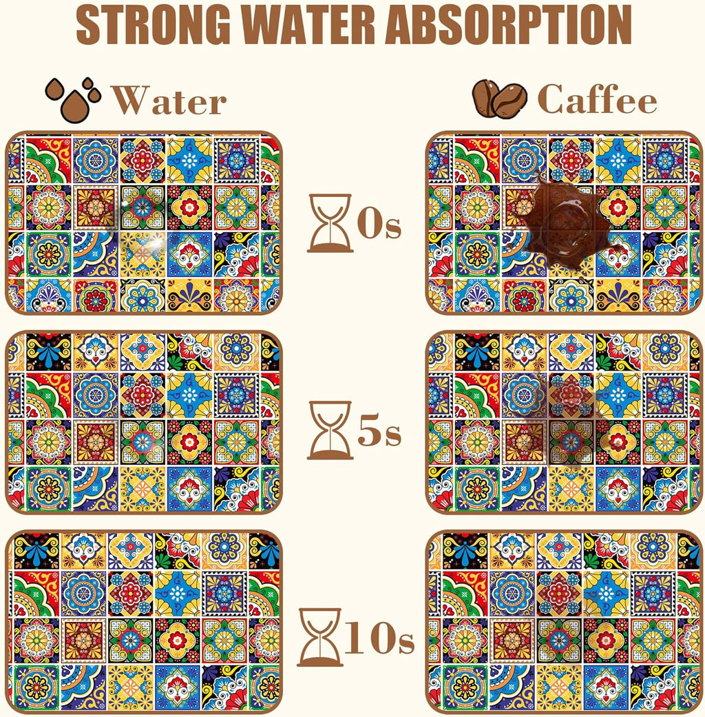 Talavera Mexican Tiles Dish Drying Mat for Kitchen Counter Bar Mat Hide Stain Absorbent Rubber Backed Coffee Mat Maker Espresso Machine Bar Accessories 15.7 x 23.6 Inch