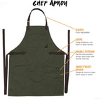 Under NY Sky Chef Apron – Professional Green Twill – Cotton Straps - Smart Pockets - Adjustable for Men and Women – Pro Chef, Cook, Kitchen, Baker, Barista, Bartender, Server Aprons