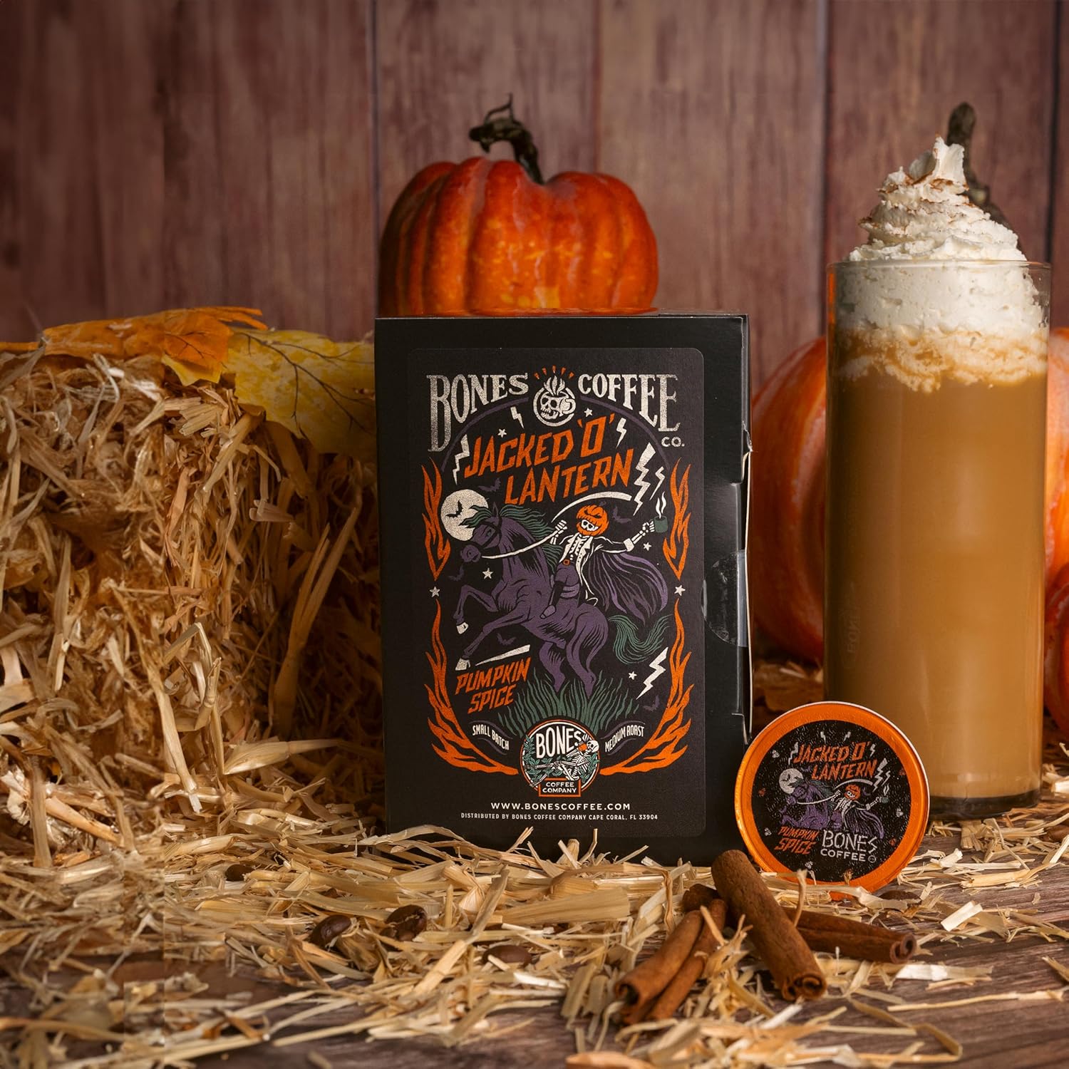 Bones Coffee Company Jacked 'O' Lantern, Pumpkin Spice Flavored Coffee Pods, Low Acid Medium Roast Single-Serve Bones Cups, Compatible with 1.0 & 2.0 K-Cups Brewers Coffee Maker, 12 Count