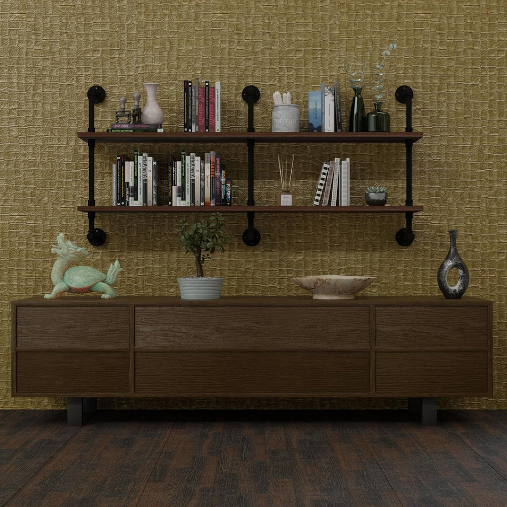 Industrial Pipe Wall Shelves Pipe Shelving with Real Wood Plank ,60 Inches Floating Shelves for Wall Farmhouse Pipe Book Shelves Dark Brown 2 Tier for Kitchen,Living Room Decor and Bar Shelving