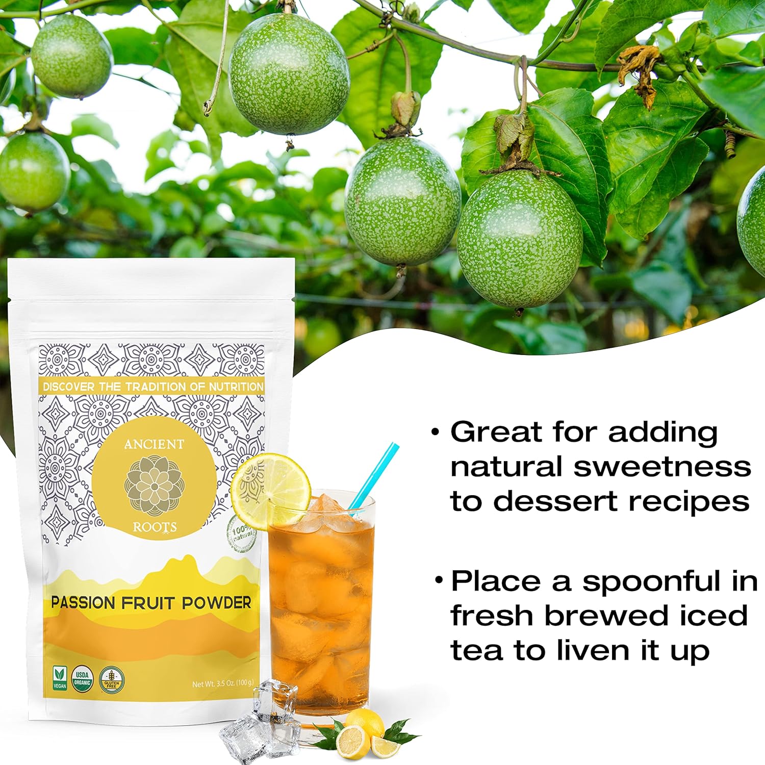 Ancient Roots Passion Fruit Powder- All-Natural Food Coloring, Flavoring Powder, Filled with Antioxidants, Vitamin C, and Fiber, Cocktail Mix, Smoothie Mix -Stocking Stuffers , 25 Servings (3.5 ounces)