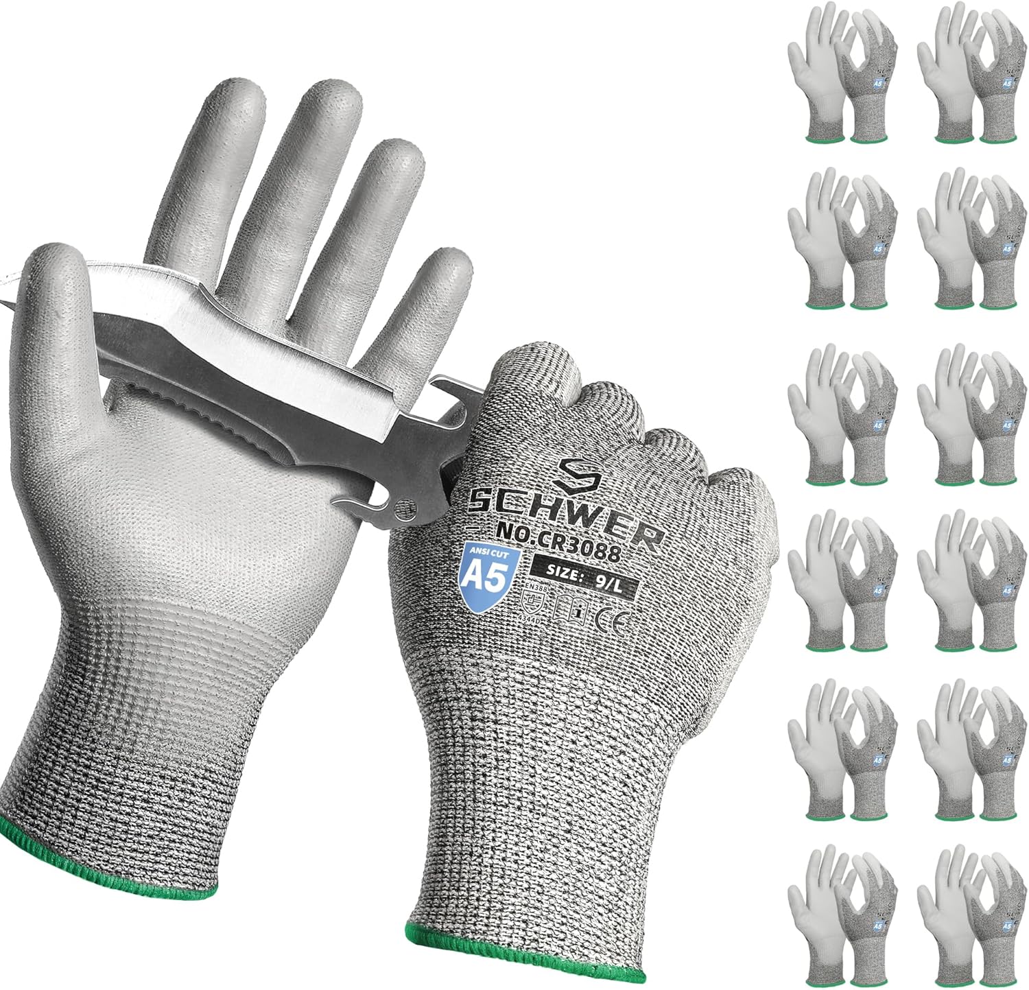 Schwer 12 Pairs ANSI A5 Cut Resistant Work Gloves, Cut Proof Gloves with PU Coating, Used for Metal Fabrication, WoodWorking, Construction, Non Slip, Durable, L, CR3088