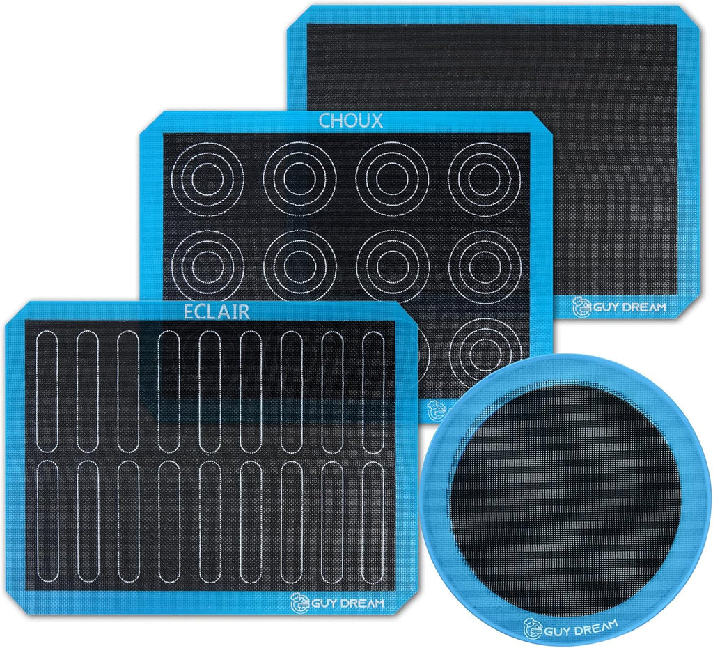 GUY DREAM Pack of 4 Perforated Silicone Baking Mats - 1 Choux, 1 Eclair, 1 Blank for Cookies, 1 10'' Round for Pizza - Non-Stick Reusable Oven Liner 11-4/5" x 15-3/4"