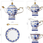 ACMLIFE Bone China Tea Set for 6, Blue and White Tea Set for Adults 24K Gold, Vintage Floral British English Cups and Saucers for Women Party or Gift Giving (Blue)