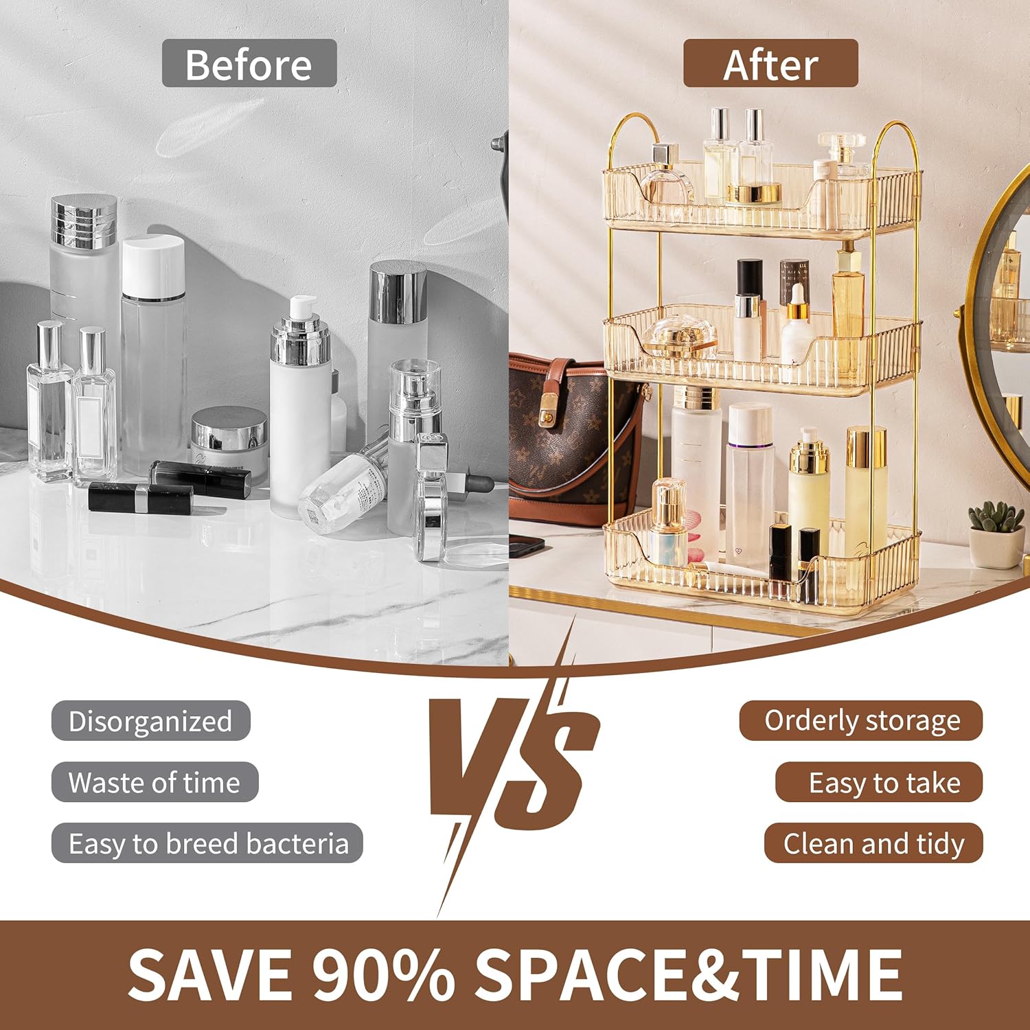 YCIA&DONE Bathroom Organizer Countertop, Makeup Storage, Skincare Cosmetic Tray Shelf, Perfume Holder Rack for Vanity Counter, Large Capacity, Easy to Install, Clean, 3 Tiers, Amber Gold