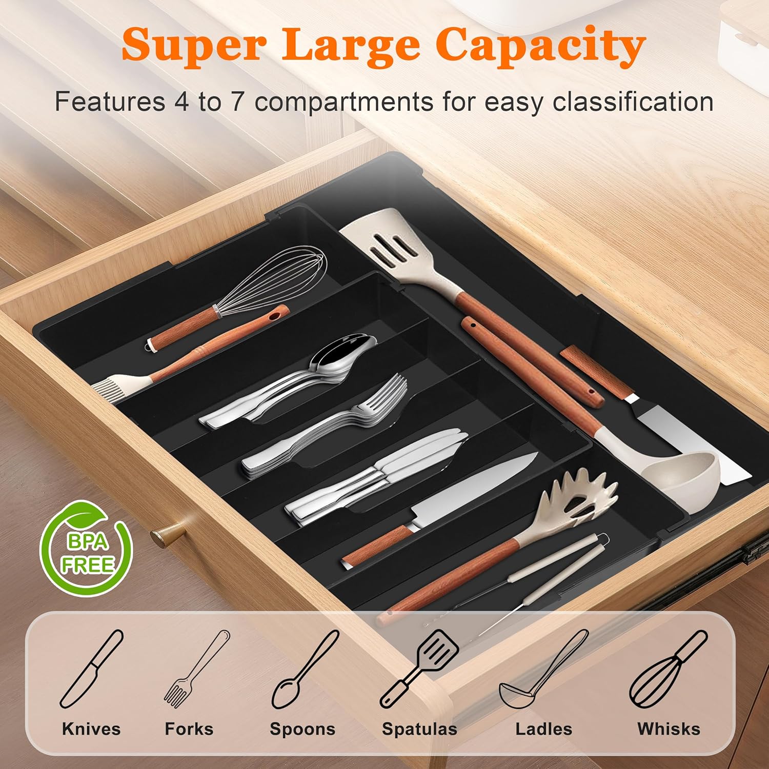 Expandable Large Silverware Organizer - BPA-Free Food-Safe Utensil Drawer Organizer Adjustable Kitchen Drawer Organizer Flatware Cutlery Tray, Classified Storage for Spoons Forks Knives