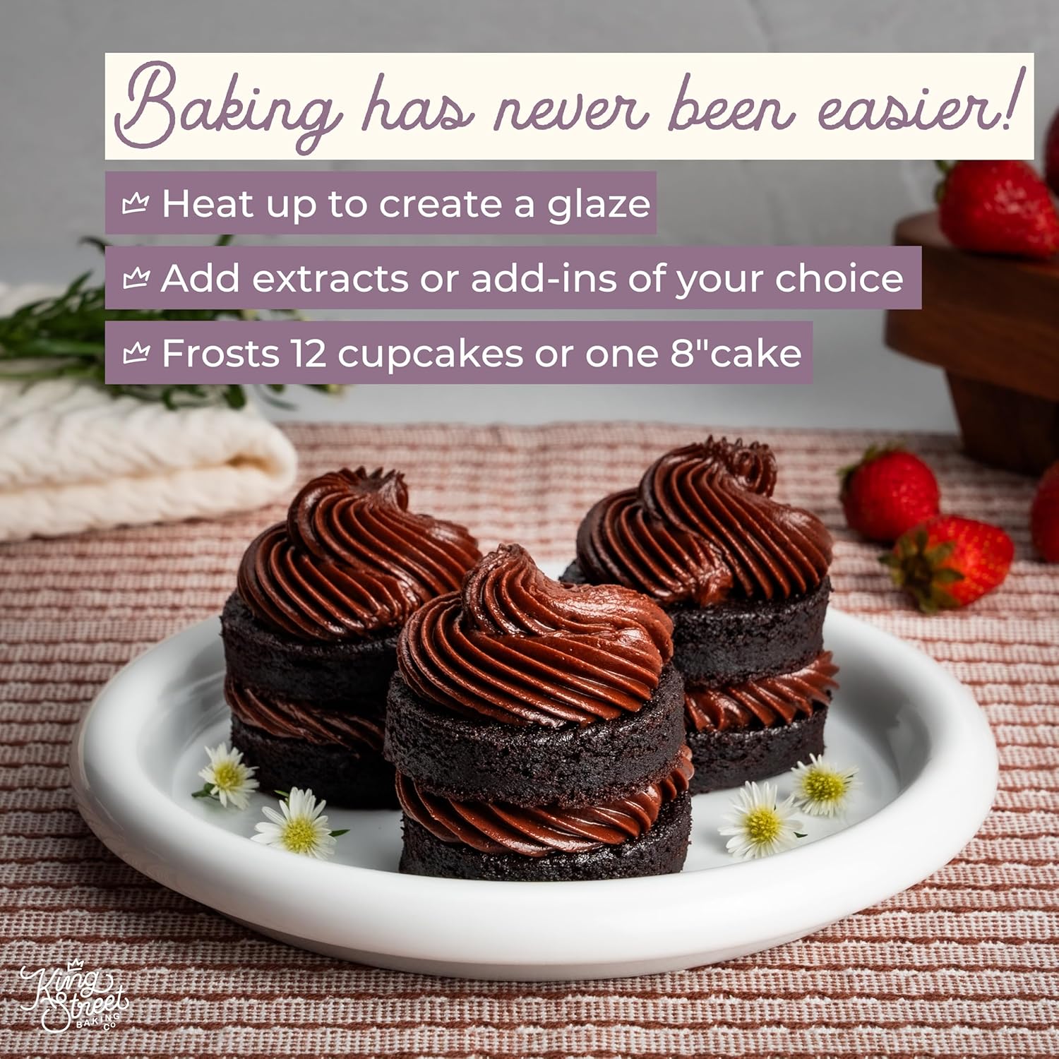 King Street Baking Co Chocolate Frosting Mix - 4 Ingredient Icing for Cake - Real Cocoa, Vanilla - Frosts 12 Cupcakes (3Pack)