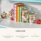 MACKENZIE-CHILDS Small Enamel Canister, Kitchen Storage Container for Flour and Sugar, 1.13 Liters, White Flower Market