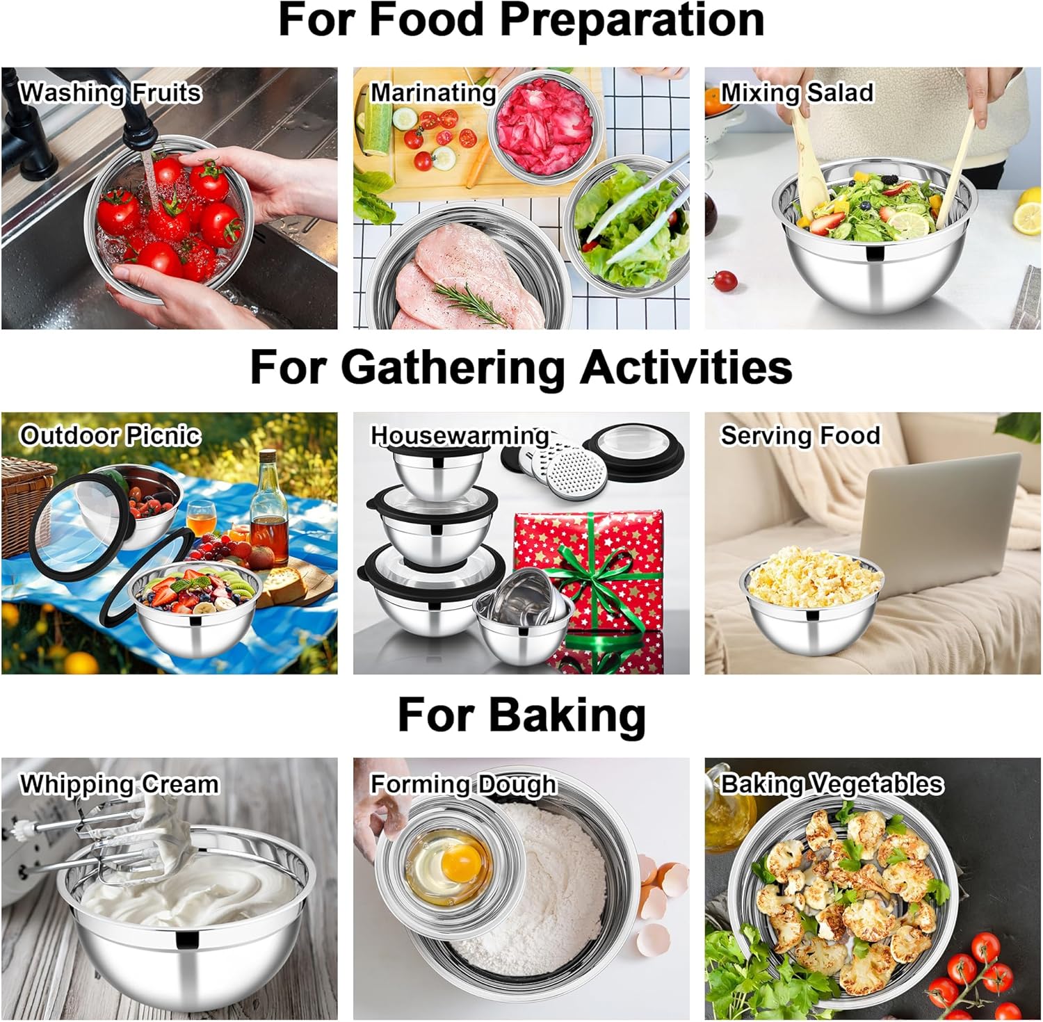 E-far Mixing Bowls Set of 5, Stainless Steel Salad Mixing Bowl with Transparent Lid, Metal Nesting Bowl Attach with 3 Graters for Kitchen Prepping/Serving/Baking/Storage, 4.6/2.6/1.5/1/0.7 QT - Black