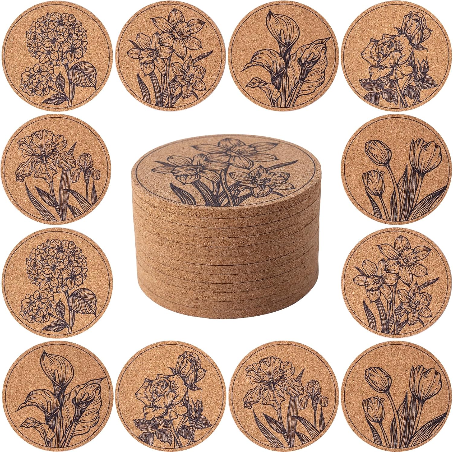 Coasters for Drinks 12 pcs Absorbent Cork Coasters with Flower Coaster for Coffee Table Housewarming Gifts for New Home Present for Friends, Living Room Decor, Apartment Decor