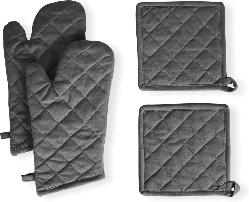 Native Fab Farmhouse Oven Mitts and Pot Holders Set of 4, Heat Resistant Non-Slip Machine Washable, 100% Cotton Kitchen Pot Holders Oven Mitts Sets Grey