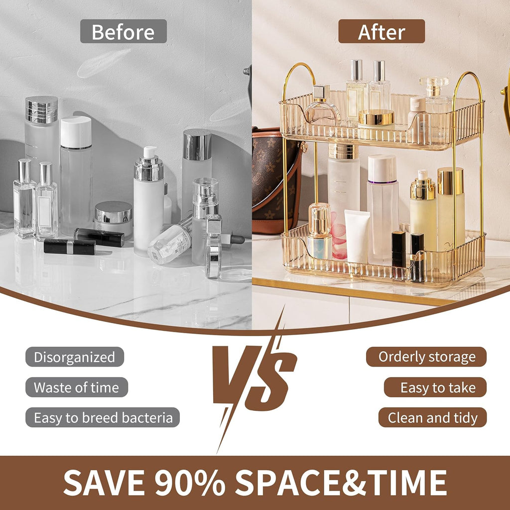 YCIA&DONE Bathroom Organizer Countertop, Makeup Storage, Skincare Cosmetic Tray Shelf, Perfume Holder Rack for Vanity Counter, Large Capacity, Easy to Install, Clean, 2 Tiers, Amber Gold