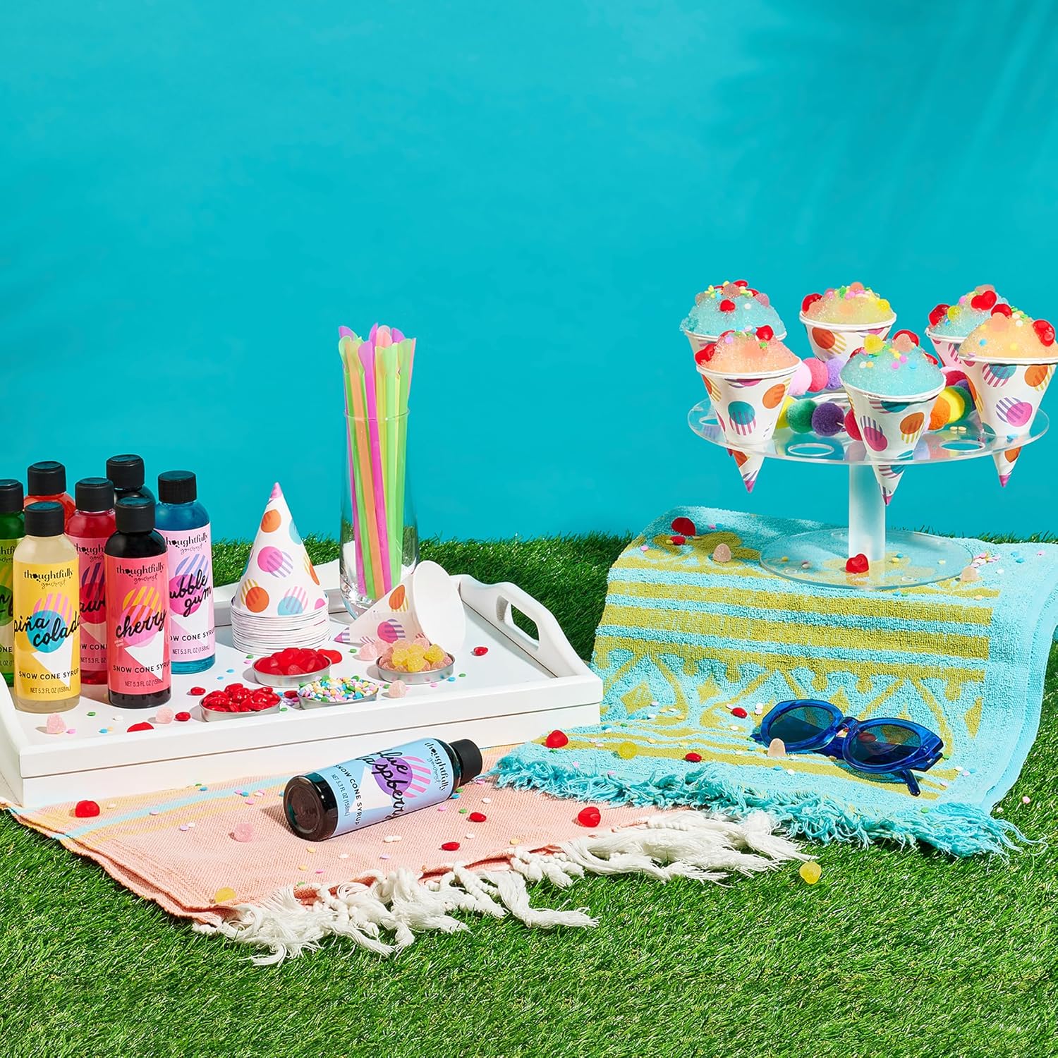 Thoughtfully Gourmet, Snow Cone Party Gift Set, Includes Ingredients for 20 Snow Cones, 8 Flavored Syrups, Toppings, and Paper Cups, Set of 20