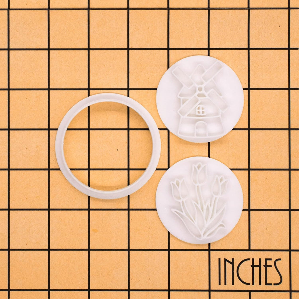 BAKERLOGY Spring Whispers - Mini 2" Cookie Cutter & Stamp Set - Tulip Garden & Windmill Design for Easter & Spring Cookies, Cupcakes & Fondant Decorations