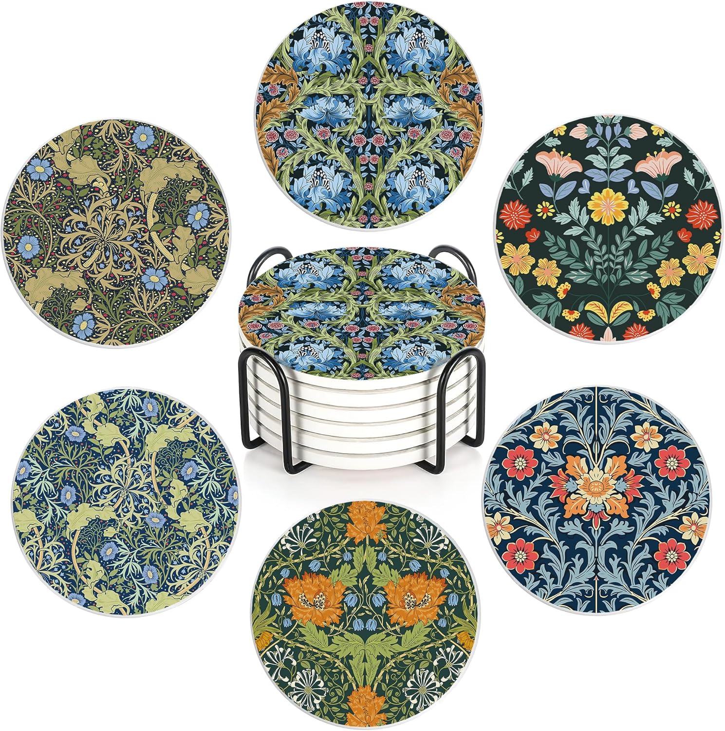 Coaster for Drinks Set of 6, Vintage Flower Absorbing Round Ceramic Stone Coaster with Cork Base,Tabletop Protection Mat for Mugs and Cups,Coffee Table Wine Glass Home Bar 4 Inch