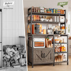 EnHomee Bakers Rack with Power Outlet, 6 Tier Microwave Stand, Coffee Bar Organizer with 8 L-Shaped Hooks, Kitchen Shelves with Storage, 14.1 x 30.1 x 63.1 Inches, Black Oak