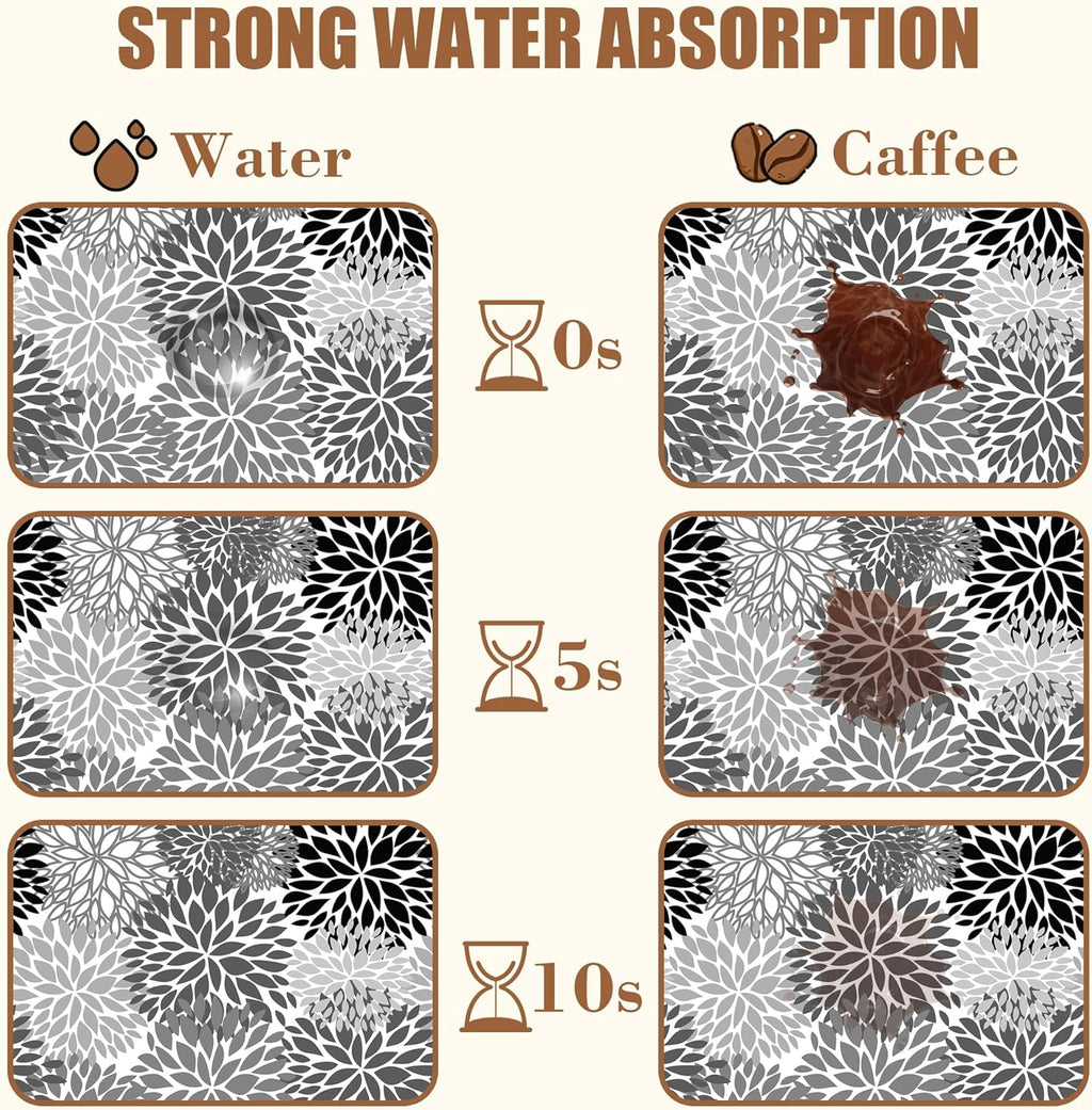 Dish Drying Mat Black and White Chrysanthemum Flower Coffee Bar Absorbent Rubber Backed Hide Stain Dish Drainer Rack Coffee Maker Pot Dining Room Decoration 15.7 x 23.6 Inch