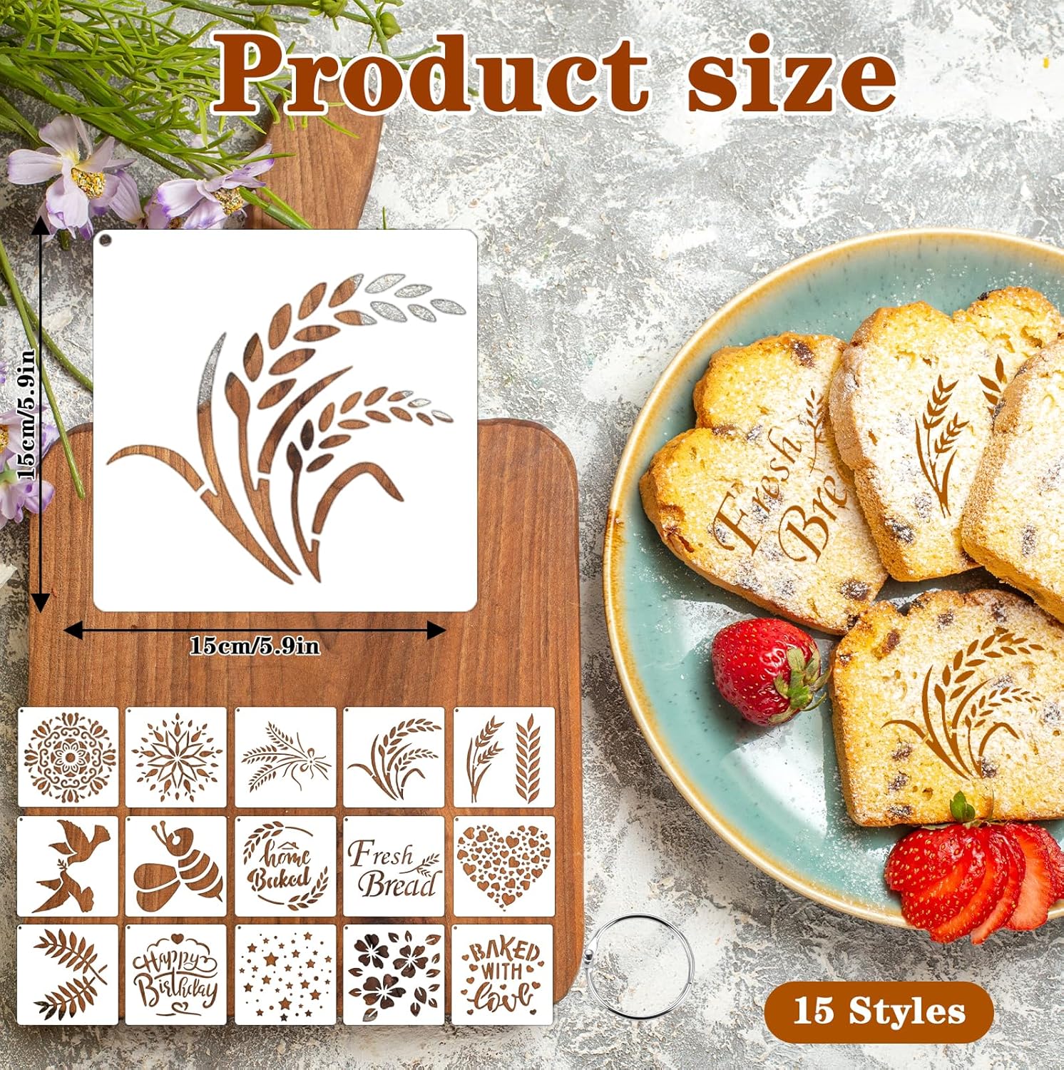 15Pcs Bread Stencils for Sourdough, Cake Stencils Mold Set for Bakery Supplies, Stencil Template for Bread Making Accessories, Gifts for Sourdough Bakers, Pie, Cookie birthday for Decorating（5.9*5.9in