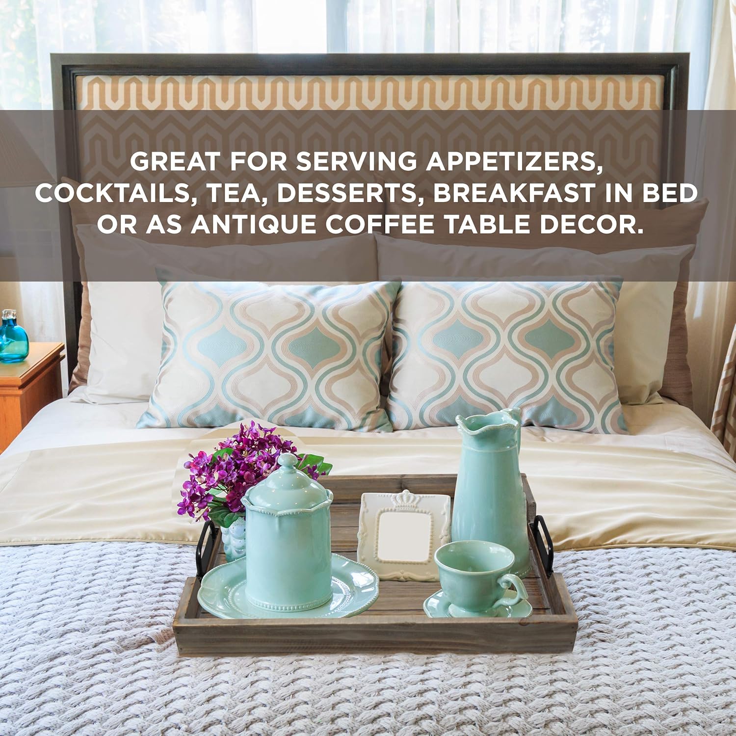 3 Pie­ce Decorative Nested Vintage Wood Serving Tray Set for Coffee Table or Ottoman – Rustic Wooden Breakfast Trays for Kitchen, Dining Room, or Living Room – Farmhouse Platter w/Handles - Barnwood