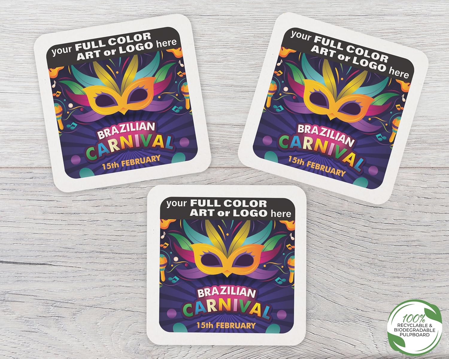 B.E. Green Custom Coasters - Pulpboard Personalized Coasters for Drinks - Full Color Print - Reusable & Absorbent - Beverage Coaster - Promotional Events & Celebrations - Pack of 50 - Square, 4"x 4"