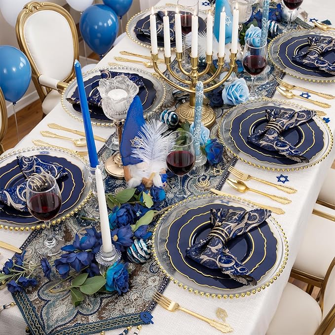 KIRE 210Pcs Navy Blue Plastic Plates - Blue Plates Disposable - 30guest Baroque Plastic Dinnerware for Hanukkah/Upscale Wedding/Parties