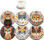 Coasters Set of 6, Wood Coasters for Drinks - Handcrafted Cat Design Thick Heat-Resistant for Beer, Coffee, Office, Bar, Farmhouse Home Decor, Tabletop Protection, for All Cups