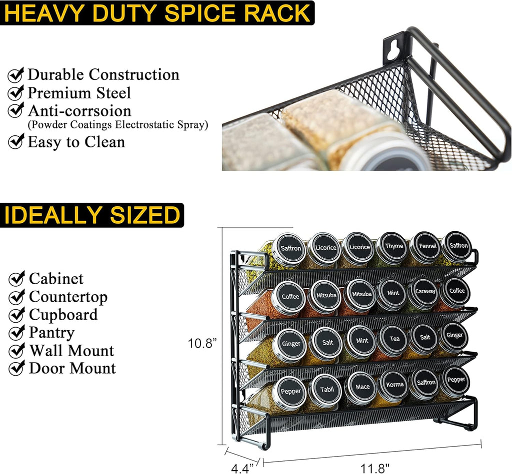 SpaceAid Spice Rack Organizer with 24 Spice Jars, 386 Spice Labels, Chalk Marker and Funnel Set for Cabinet, Countertop, Pantry, Cupboard or Door & Wall Mount -24 Jars, 11.8" W × 10.8" H, Black