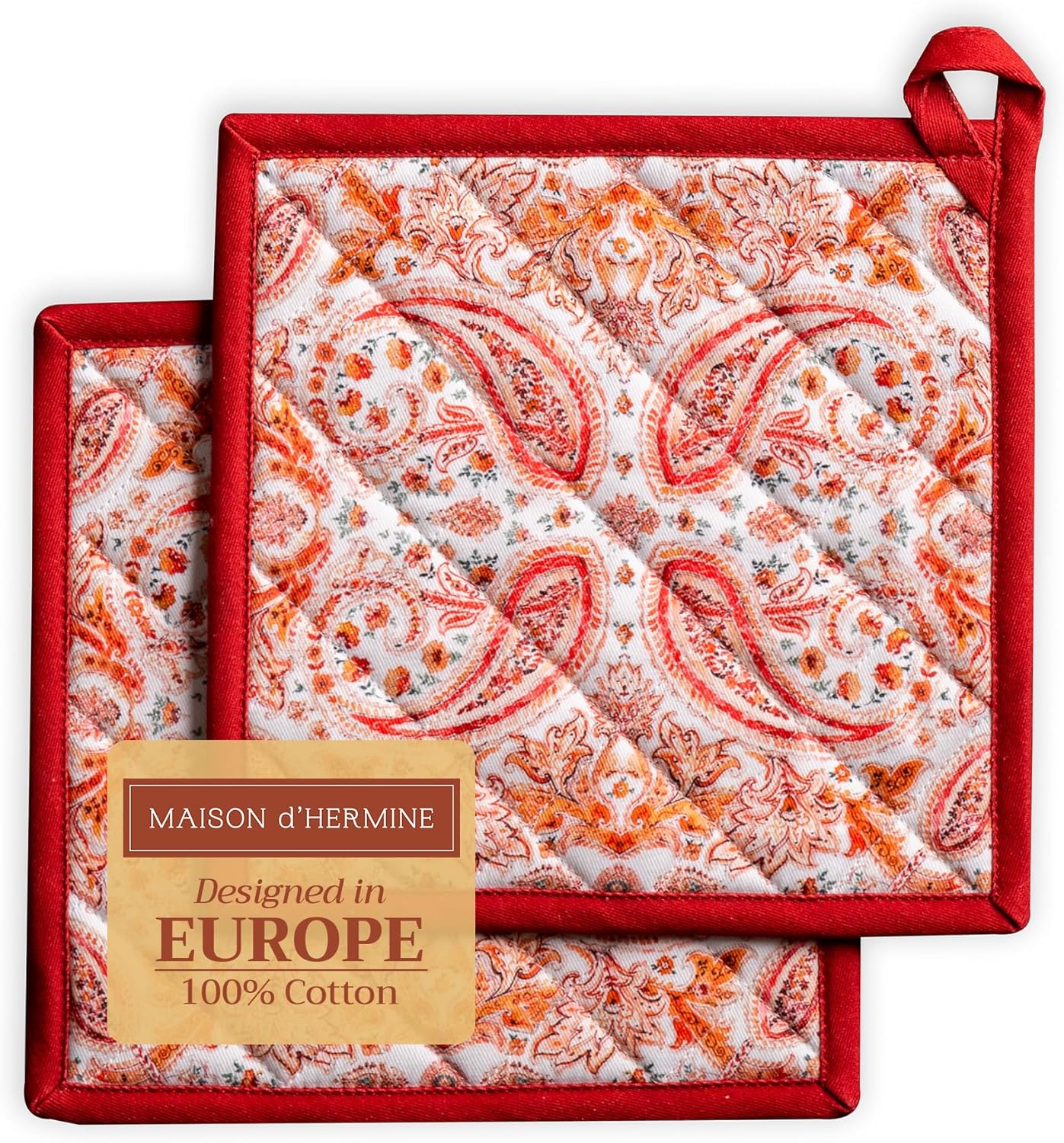 Maison d' Hermine Pot Holders Set 100% Cotton Heat Resistant Potholders 8" x 8" Hot Pads with Loop BBQ, Cooking, Baking, Grilling, Kitchen, Handling Hot Pans (Pack of 2, Orient)