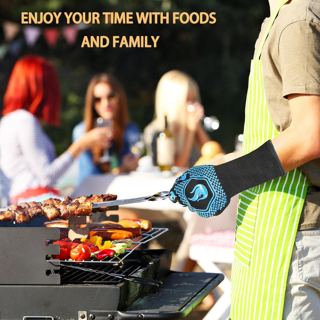 BBQ Fireproof Gloves, Grill Cut-Resistant Gloves 1472°F Heat Resistant Gloves, Non-Slip Silicone Oven Gloves, Kitchen Safe Cooking Gloves for Oven Mitts,Barbecue,Cooking, Frying,13.5 Inch-Sky Blue