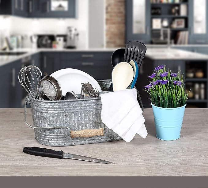 Alpha Living Home Farmhouse Utensils Caddy, Antique Gray, 18.5 x 14.5 x 3 in