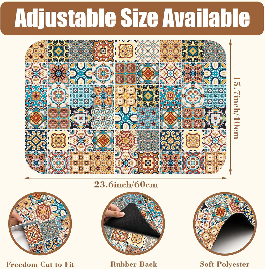 Dish Drying Mat Multicolor Portuguese Tiles Coffee Bar Mat for Countertop Absorbent Rubber Backed Hide Stain Dish Drainer Rack Pad Coffee Maker Espresso Machine Dining Room Decor 15.7 x 23.6 Inch