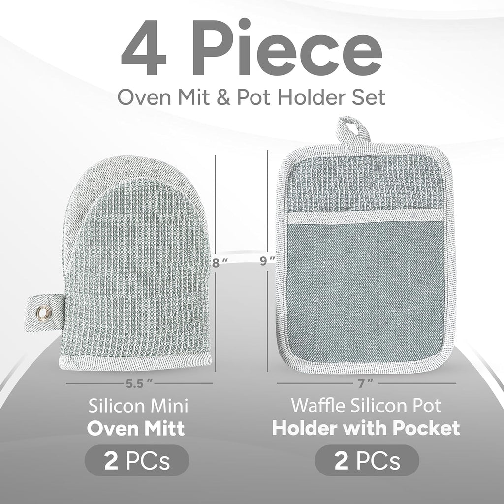 Casa Platino Heat Resistant Oven Mitts & Potholders, 4-Piece – Oven Mitts and Pot Holders Sets for Baking, Grilling & Microwave – Withstands Heat Up to 500°F, Non-Slip, Machine Washable – Grey