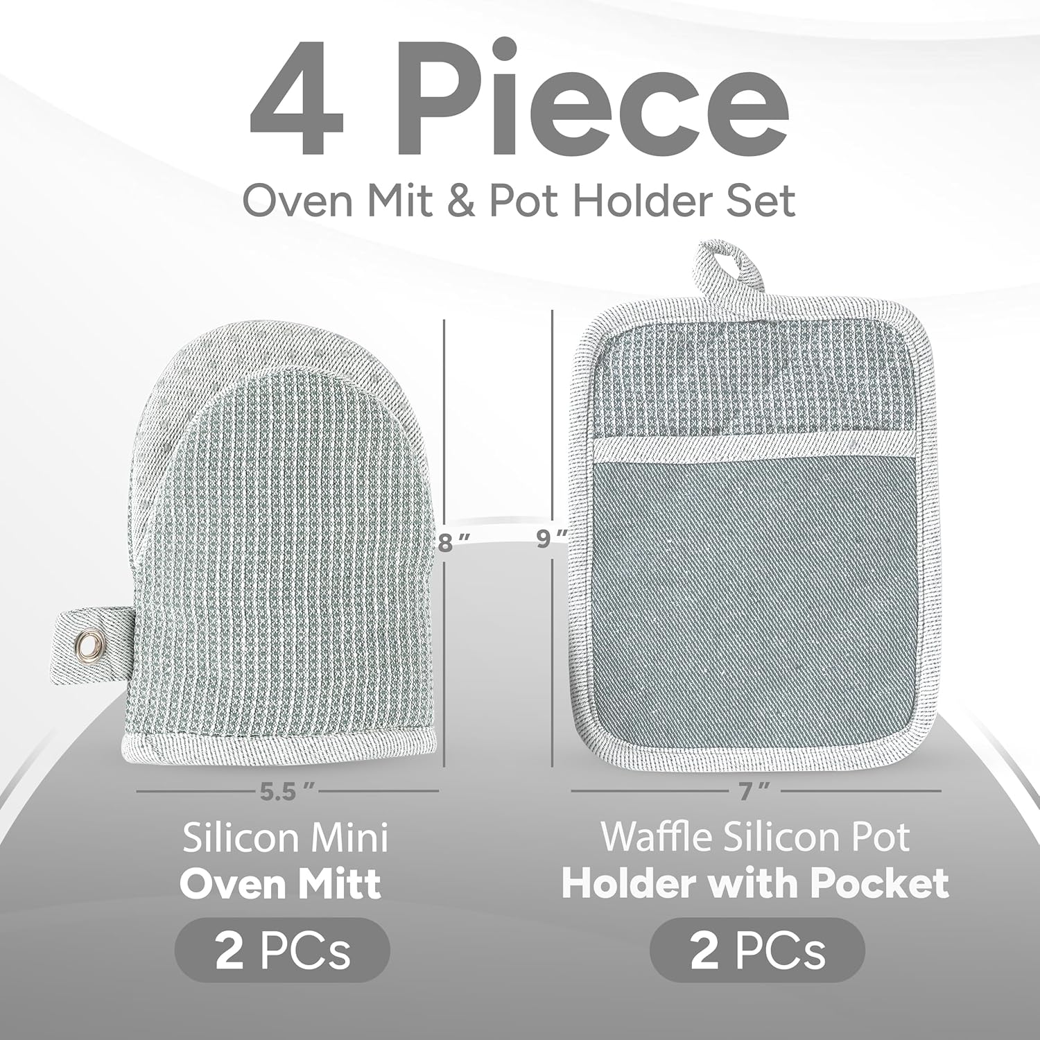 Casa Platino Heat Resistant Oven Mitts & Potholders, 4-Piece – Oven Mitts and Pot Holders Sets for Baking, Grilling & Microwave – Withstands Heat Up to 500°F, Non-Slip, Machine Washable – Grey