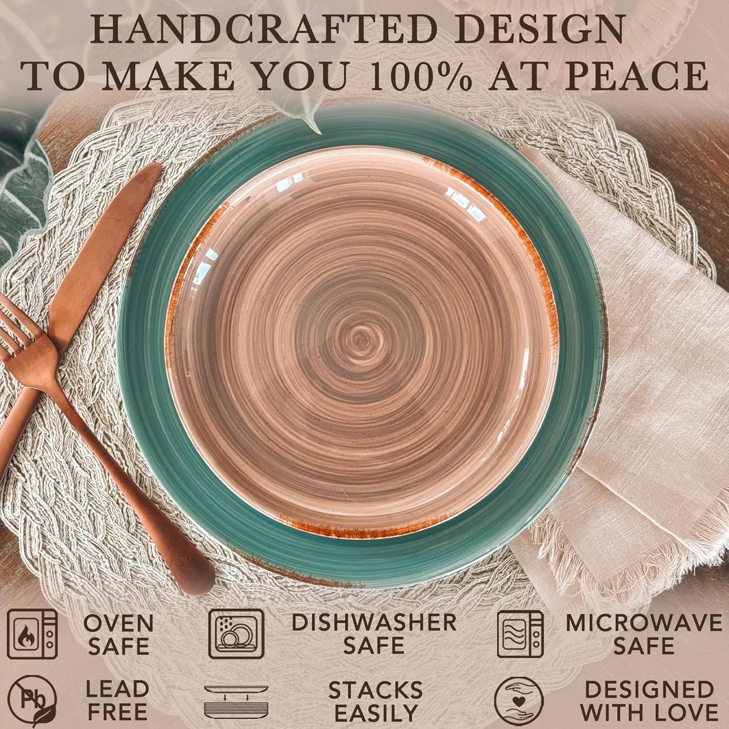 Mora Ceramic Helix Swirl Dinner Plates Set of 6, 10in Modern Spiral Porcelain Dish Dinnerware for Kitchen, Serving & Restaurants - Dishwasher, Microwave, Freezer, Oven Safe Dishware - Earth Colors