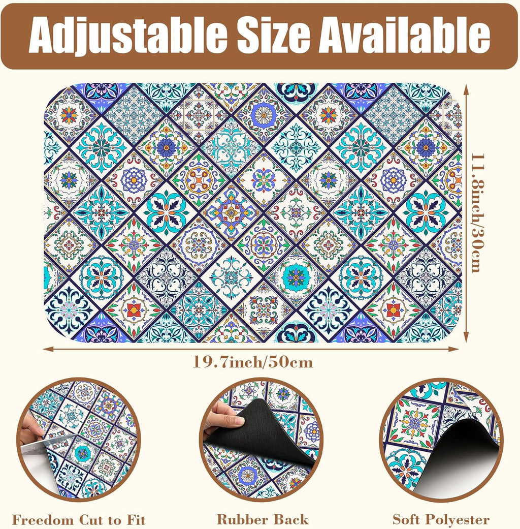Colorful Tiles Dish Drying Mat for Kitchen Counter Coffee Mat Hide Stain Absorbent Non-Slip Rubber Backed Drying Rack Pad Espresso Machine Coffee Bar Accessories 11.8 x 19.7 Inch