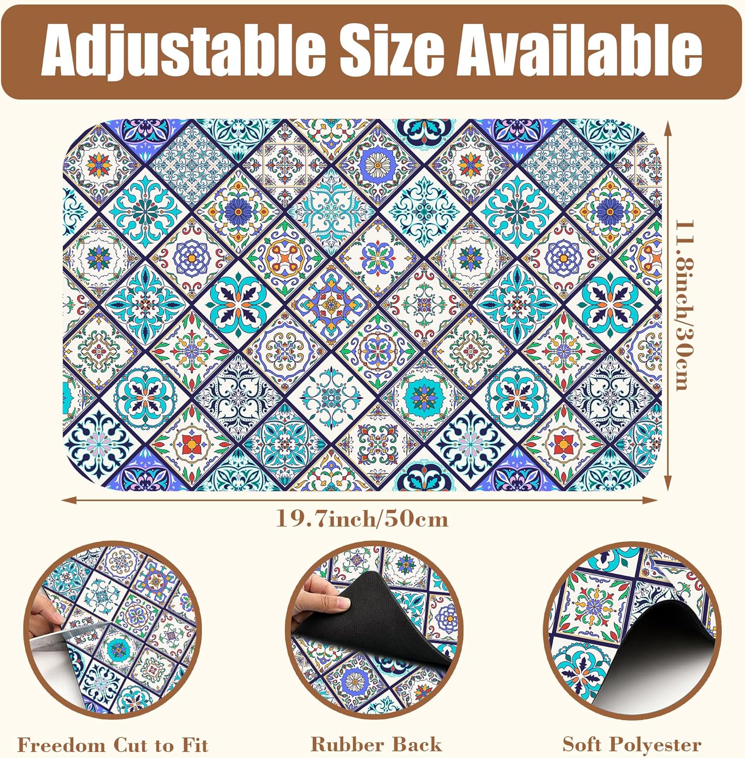 Colorful Tiles Dish Drying Mat for Kitchen Counter Coffee Mat Hide Stain Absorbent Non-Slip Rubber Backed Drying Rack Pad Espresso Machine Coffee Bar Accessories 11.8 x 19.7 Inch