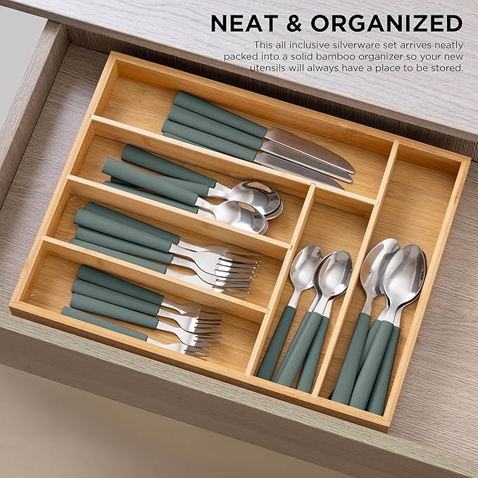 COOK WITH COLOR Bamboo Kitchen Utensil Set with Drawer Organizer | Cooking Tools and Storage Caddy, Sage, 25 Piece Cutlery Set
