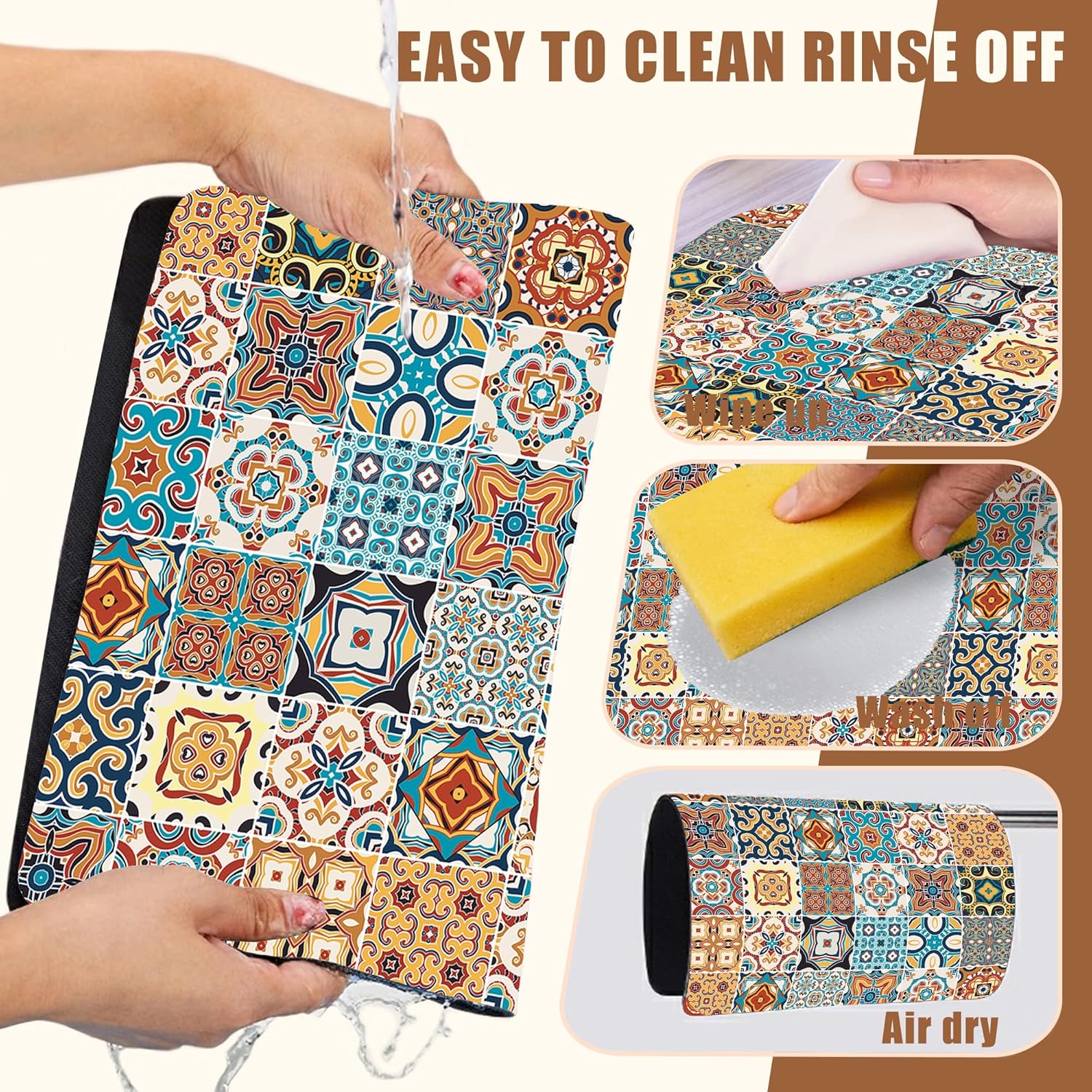 Dish Drying Mat Multicolor Portuguese Tiles Coffee Bar Mat for Countertop Absorbent Rubber Backed Hide Stain Dish Drainer Rack Pad Coffee Maker Espresso Machine Dining Room Decor 15.7 x 23.6 Inch