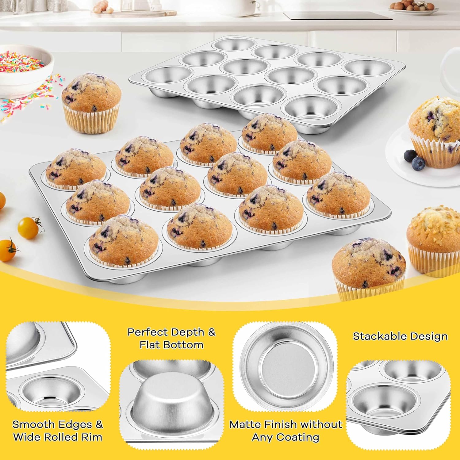 Homikit 3 Pack Muffin Pan, Stainless Steel Cupcake Tin with 12 Cups Regular Size, 13.8" x 10.4" Nonstick Metal Egg Bites Tray for Oven Baking, Non Toxic & Rust Free, Easy Release & Dishwasher Safe