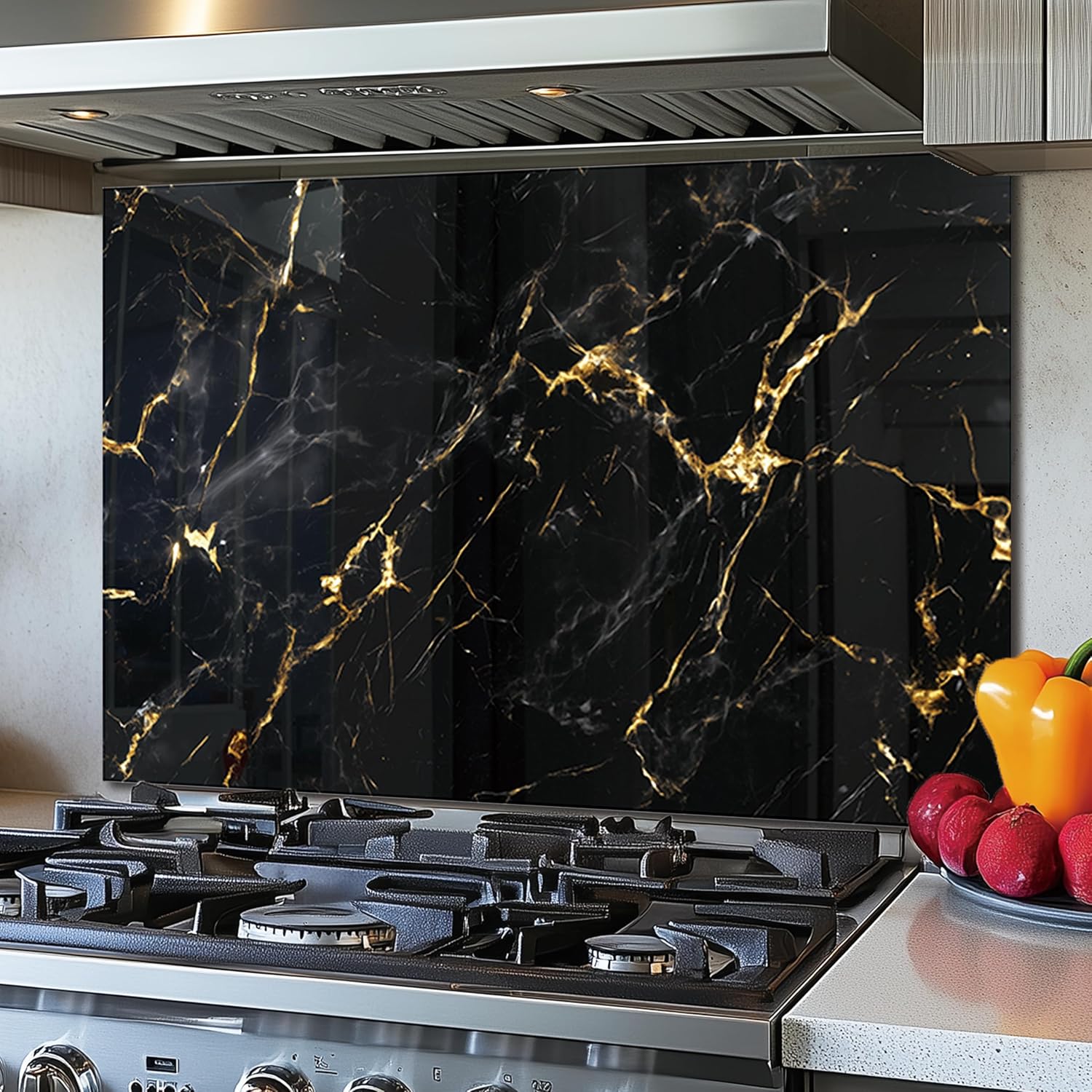 DAIFURONGE Tempered Glass Backsplash For Kitchen Behind Stove,Black Marbling Stove Backsplash Top Cover,Easy to Clean Glass Splashback, Sink Cover Splash Guard,Home Kitchen Wall Decor (30"x20"(76.2x50.8cm))