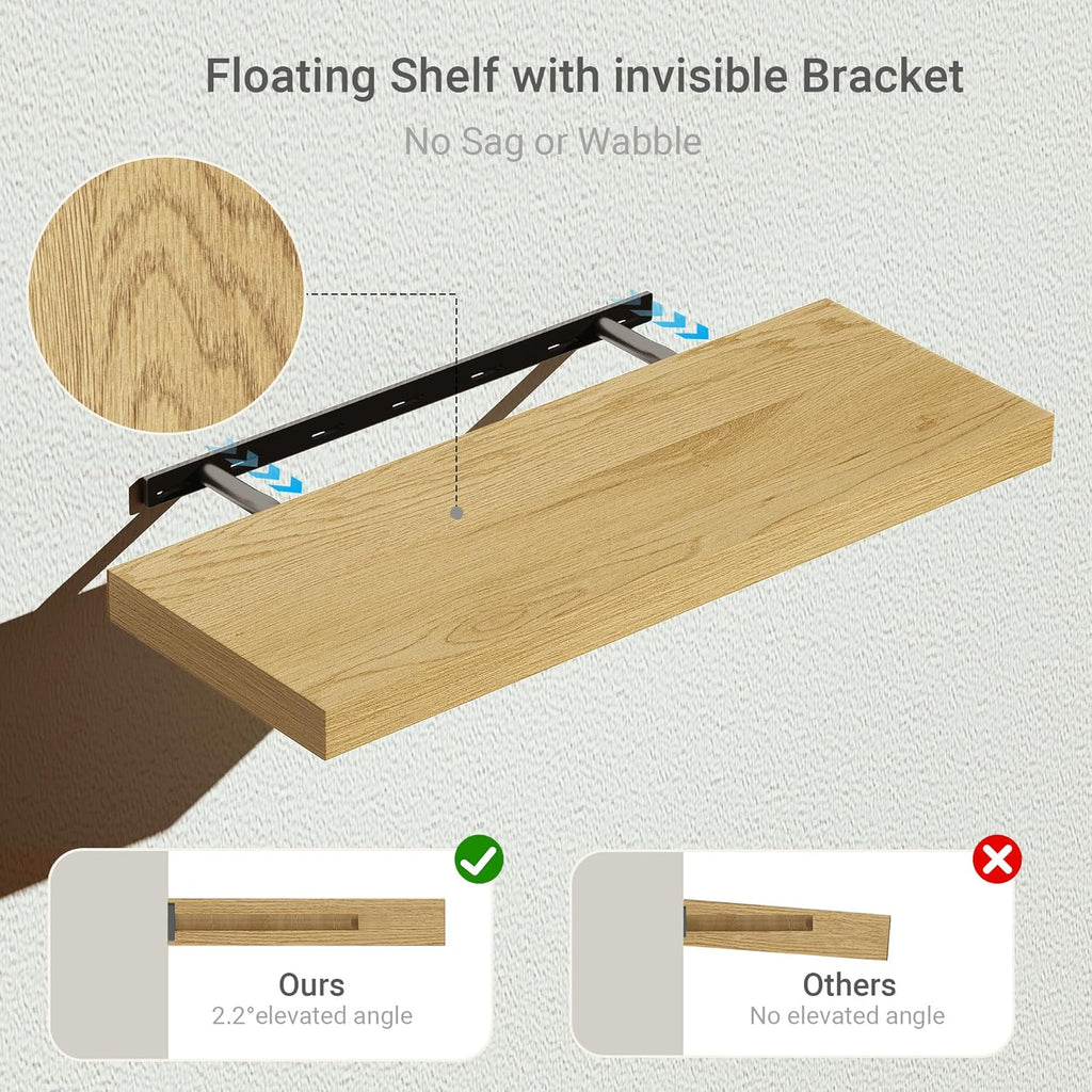 Vivelove Bathroom Floating Shelves for Wall 24 inchs Long, 9.2” deep x 1.6” Wall Shelf for Bedroom, Living Room, Kitchen, Office Home Decor, Deep Wood Shelves with Invisible Brackets, Set of 2, Oak