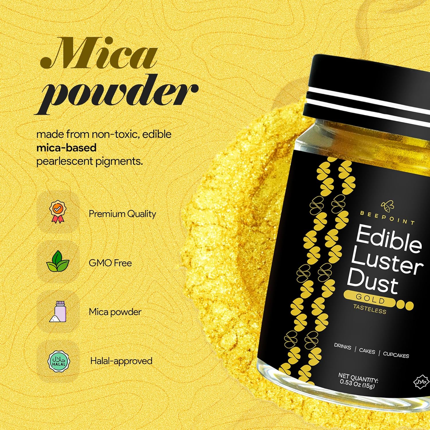 BeePoint Gold Edible Luster Dust 15g - Food Grade, Vibrant Color Shimmer Powdered Dust for Drinks, Cocktails, Cake Decorating, Baking, Chocolates, Candy, Sweets, & Cookies - Vegan & Gluten Free