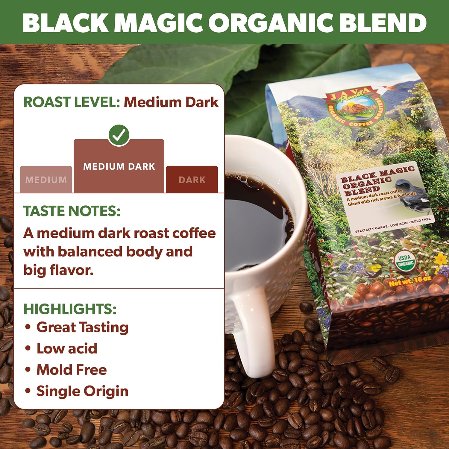 Low Acid Organic Coffee – Whole Bean, Mold-Free & Stomach Friendly by Java Planet, Black Magic Blend Coffee, Medium Dark Roast, Smooth Full Flavored, 1LB Bag