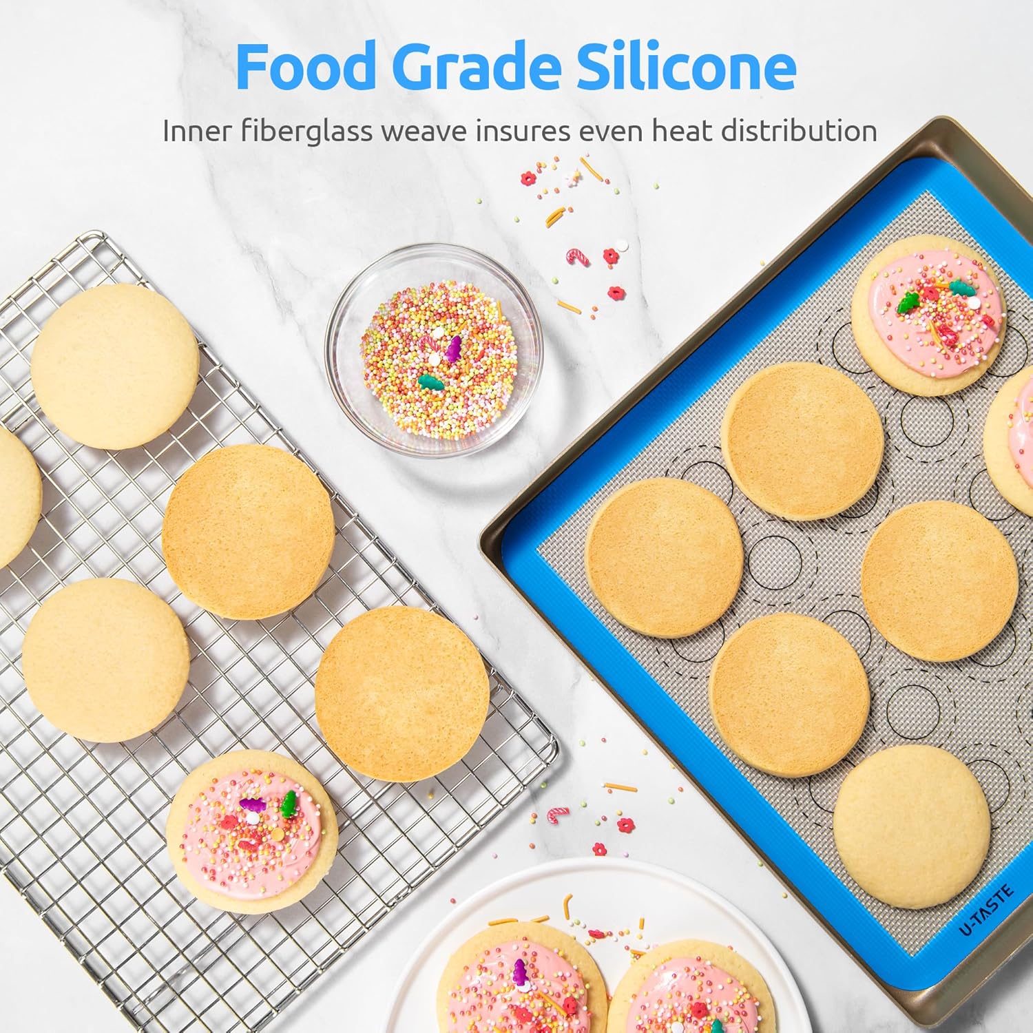 446ºF Heat Resistant Macaron Mat: U-Taste 11x11in Non Stick Silicone Baking Mat, Reusable Cookies Pastry Sheet Liner with Edge Enhancement & Circle Measurement for Square Cake Pan (2 PCS, Light Blue)