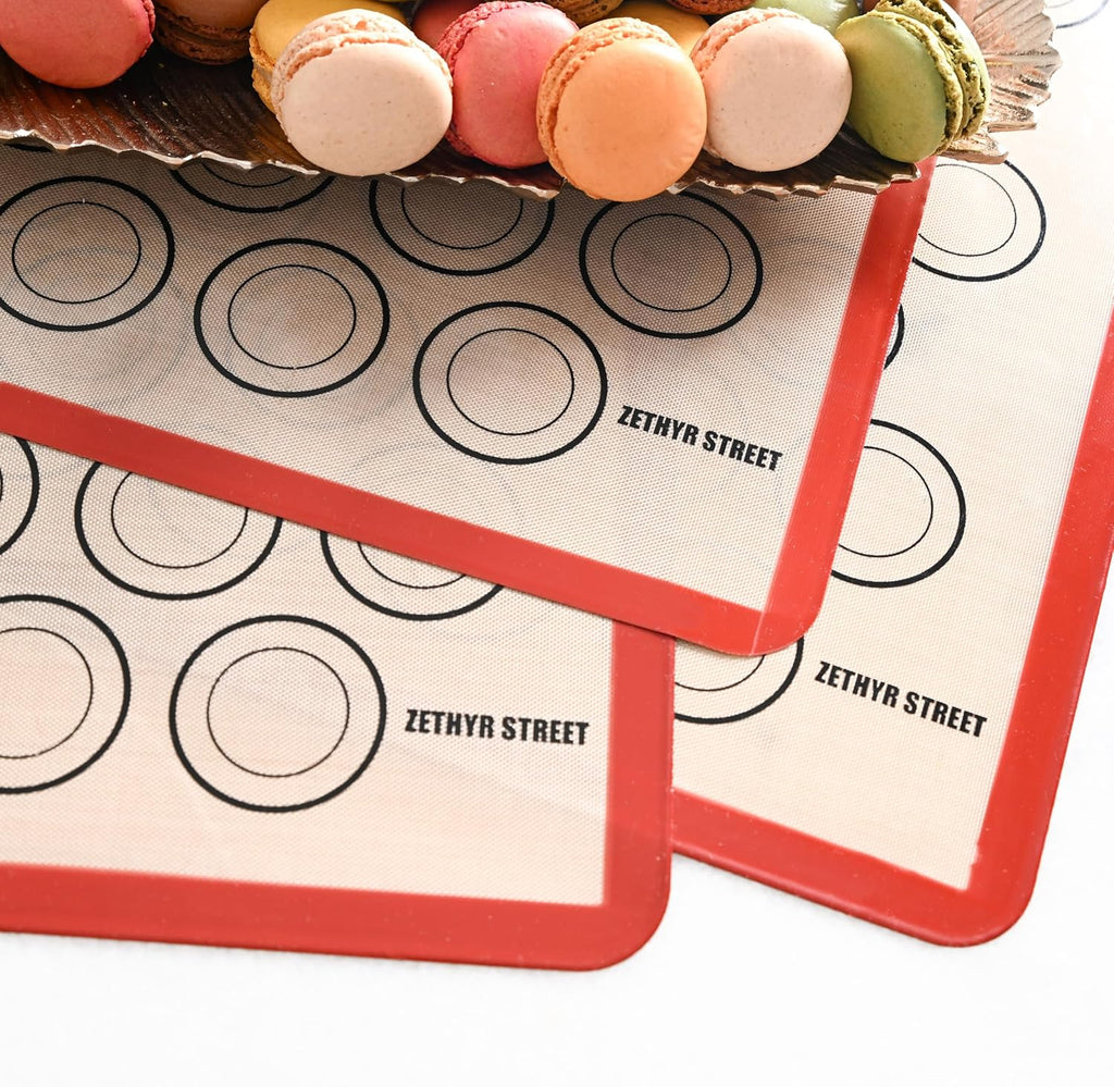 Macaron Silicone Baking Mats - Set of 10 - Full Size - 16.5 x 24, Non-Stick Macaron Mat for Perfect Baking - Dishwasher & Oven Safe, Ideal for Macarons, Cookies, Bread, Red Border