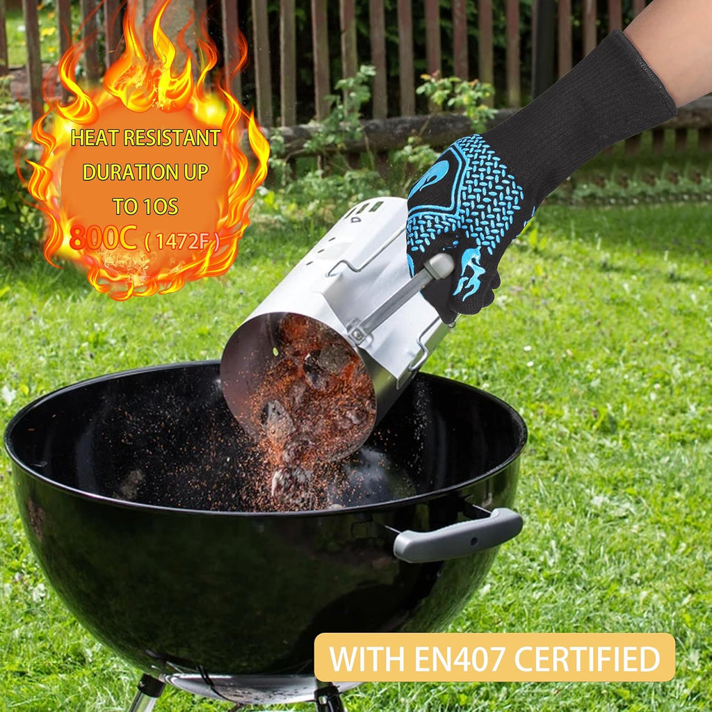 BBQ Fireproof Gloves, Grill Cut-Resistant Gloves 1472°F Heat Resistant Gloves, Non-Slip Silicone Oven Gloves, Kitchen Safe Cooking Gloves for Oven Mitts,Barbecue,Cooking, Frying,13.5 Inch-Sky Blue