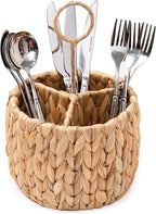 KOLWOVEN Wicker Flatware Organizer, Kitchen Utensil Holder for Countertop, Silverware Caddy Natural Woven Flatware Caddy with 3 Compartments, Cooking Utensil Organizer