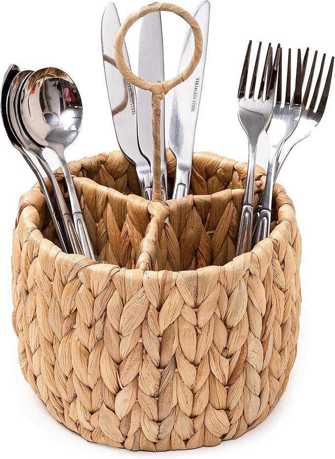 KOLWOVEN Wicker Flatware Organizer, Kitchen Utensil Holder for Countertop, Silverware Caddy Natural Woven Flatware Caddy with 3 Compartments, Cooking Utensil Organizer