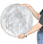 Extra Large Round Ottoman Table Tray 20" - Rustic Wooden Serving Tray for Farmhouse Decorative Oversized Coffee Table Trays Living Room Kitchen Counter Breakfast White