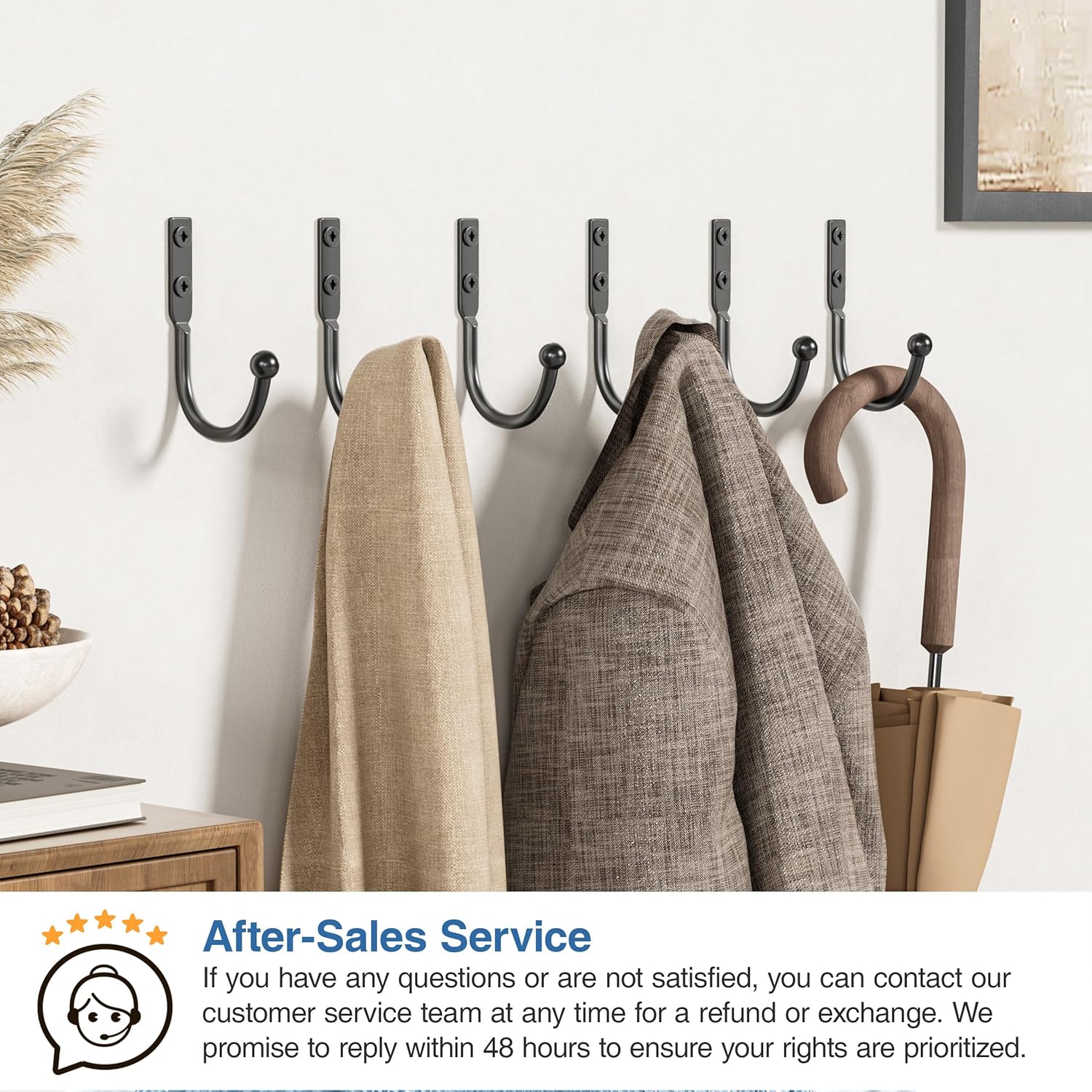 6 Pack Wall Hooks，Metal Hooks Hold up to 45 Lbs，Hooks Wall Mount for Hanging Towel/Coat/Bag/Keys/Cups，Ideal for Bathroom，Outdoor，Closet，Kitchen，Garage，Black